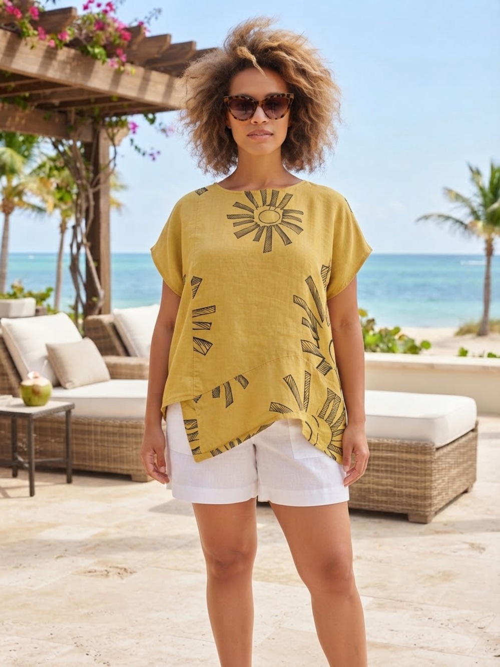 Transparente Yellow Sun Motif Italian Linen Tunic Top Size 3